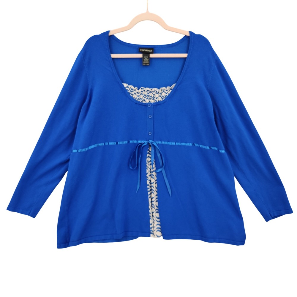 Lane Bryant Womens Coquette Smocked Cardigan Faux Layered 26/28 Blue Ribbon Tie